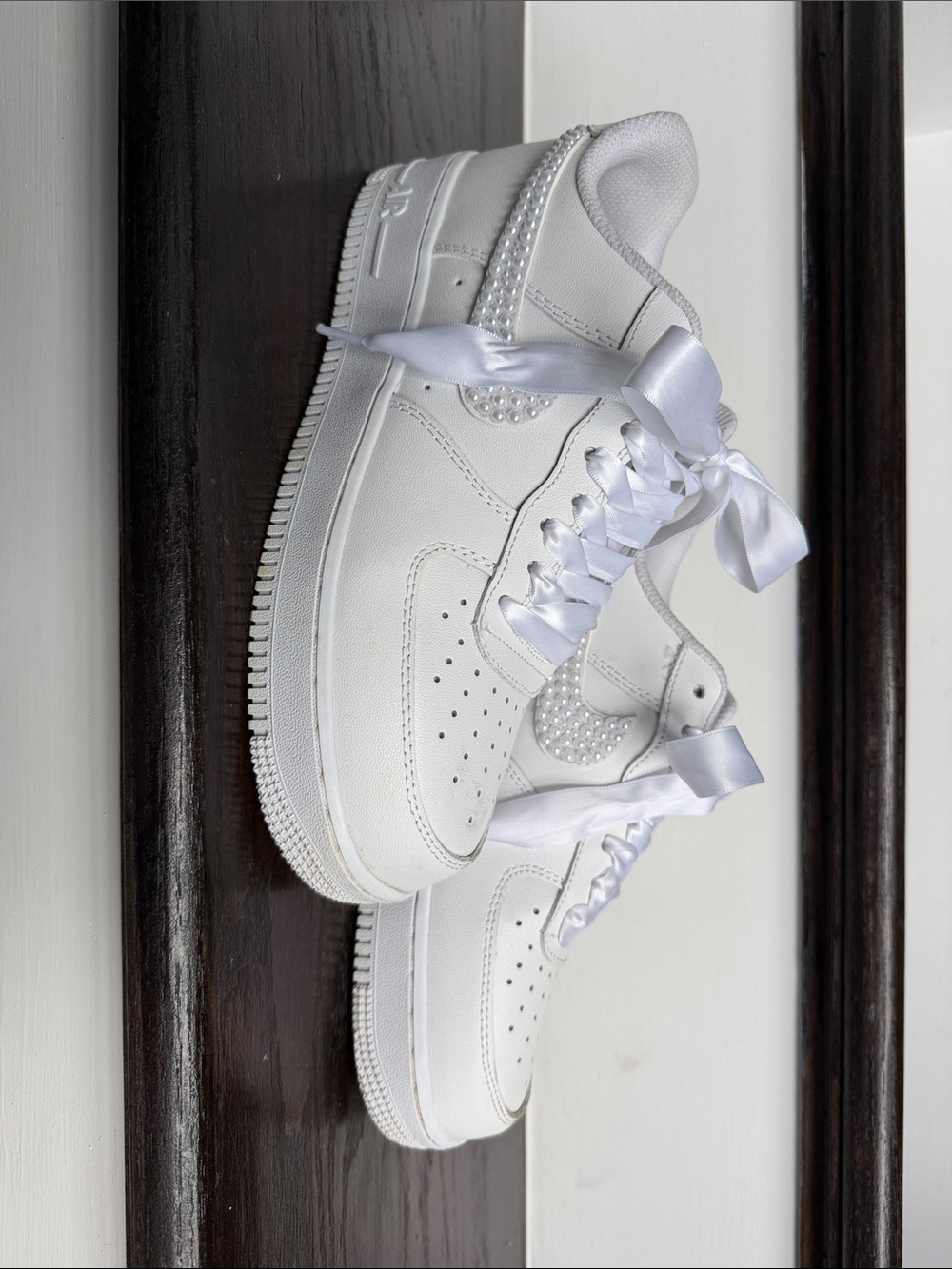 White Women's Satin Lace Sneakers with Pearl Accent - Picture 2 of 6